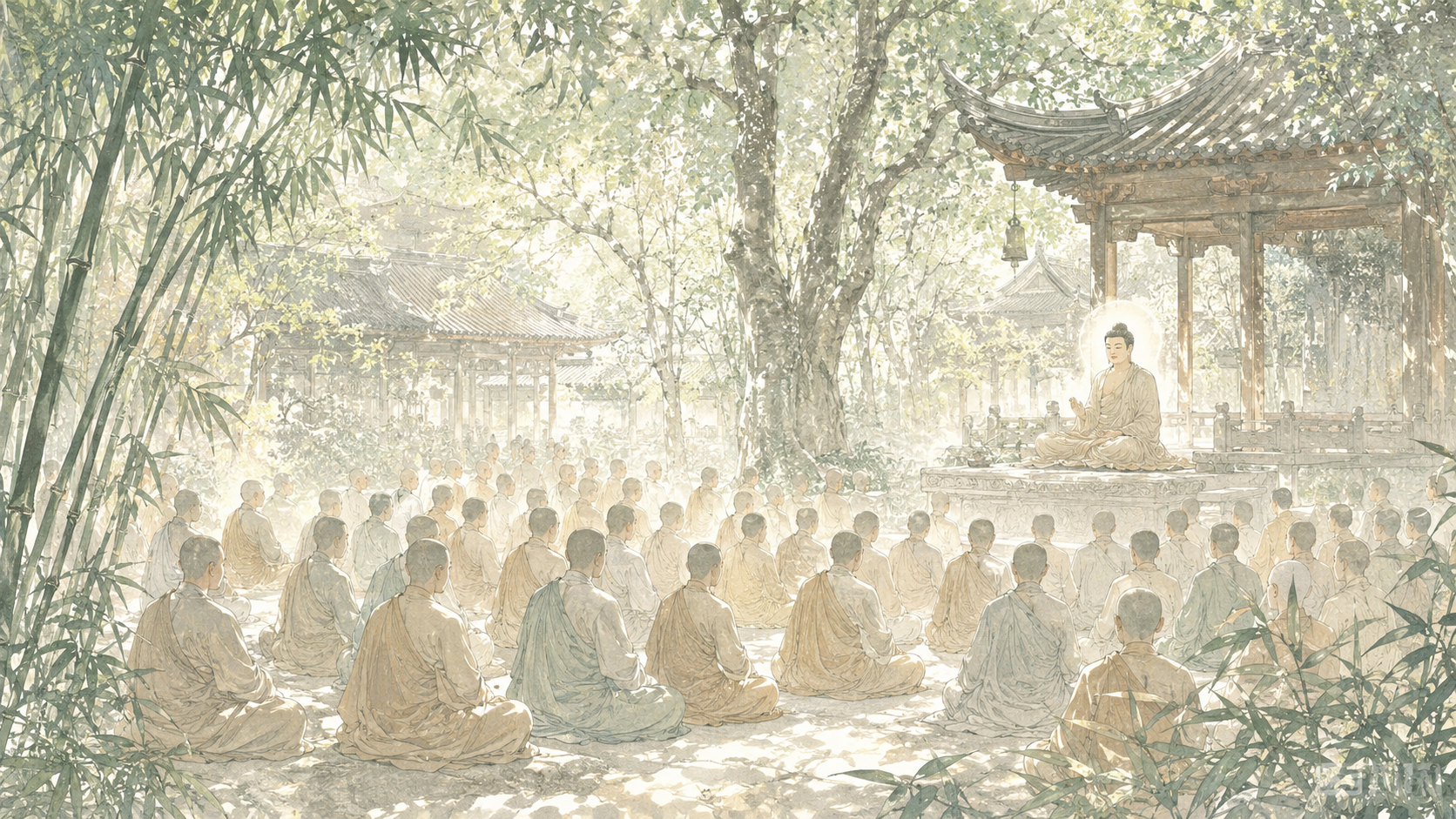 第 1 品第 1 张配图：如是我闻，一时，佛在舍卫国祗树给孤独园，与大比丘众千二百五十人俱。