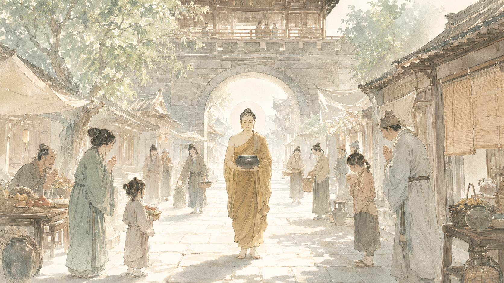 第 1 品第 2 张配图：尔时，世尊食时，著衣持钵，入舍卫大城乞食。