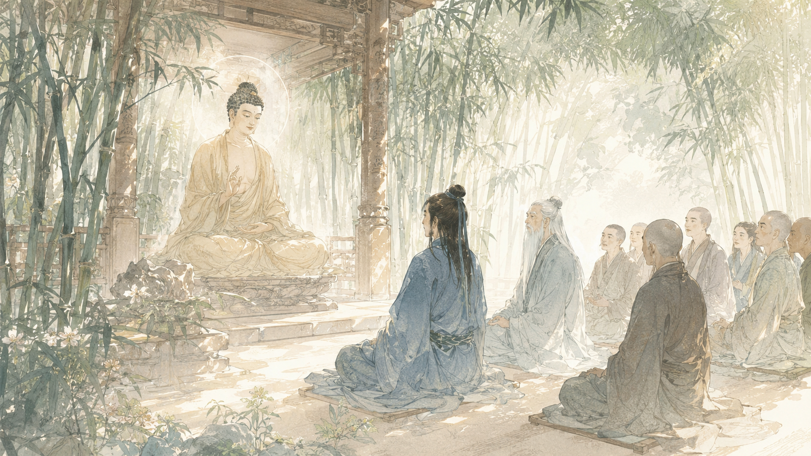 第 2 品第 2 张配图：汝今谛听！当为汝说：善男子、善女人，发阿耨多罗三藐三菩提心，应如是住，如是降伏其心。