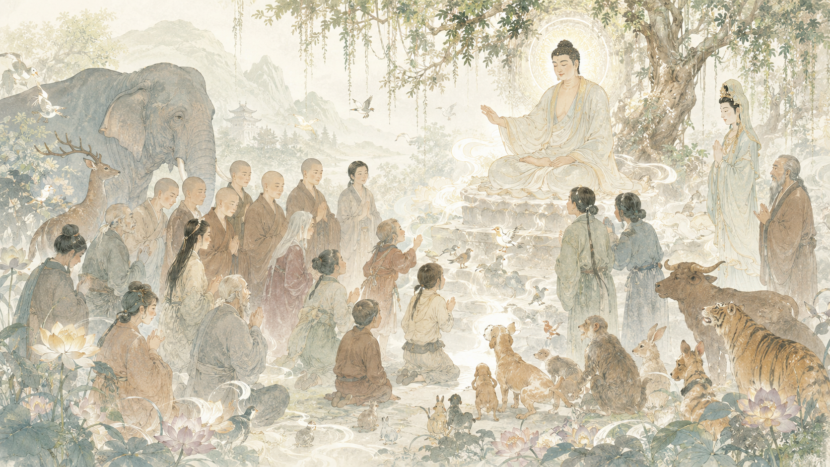 第 3 品第 1 张配图：应如是降伏其心。所有一切众生之类，我皆令入无余涅槃而灭度之。
