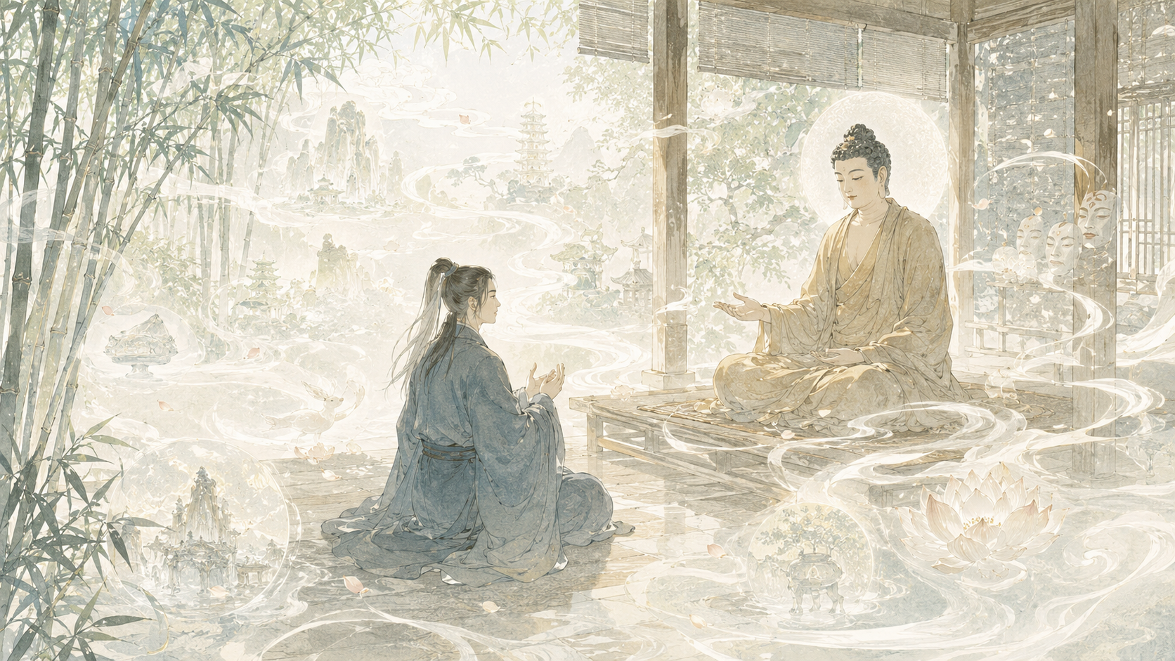 第 7 品第 2 张配图：如来有所说法耶？须菩提言：如我解佛所说义，无有定法名阿耨多罗三藐三菩提，亦无有定法，如来可说。