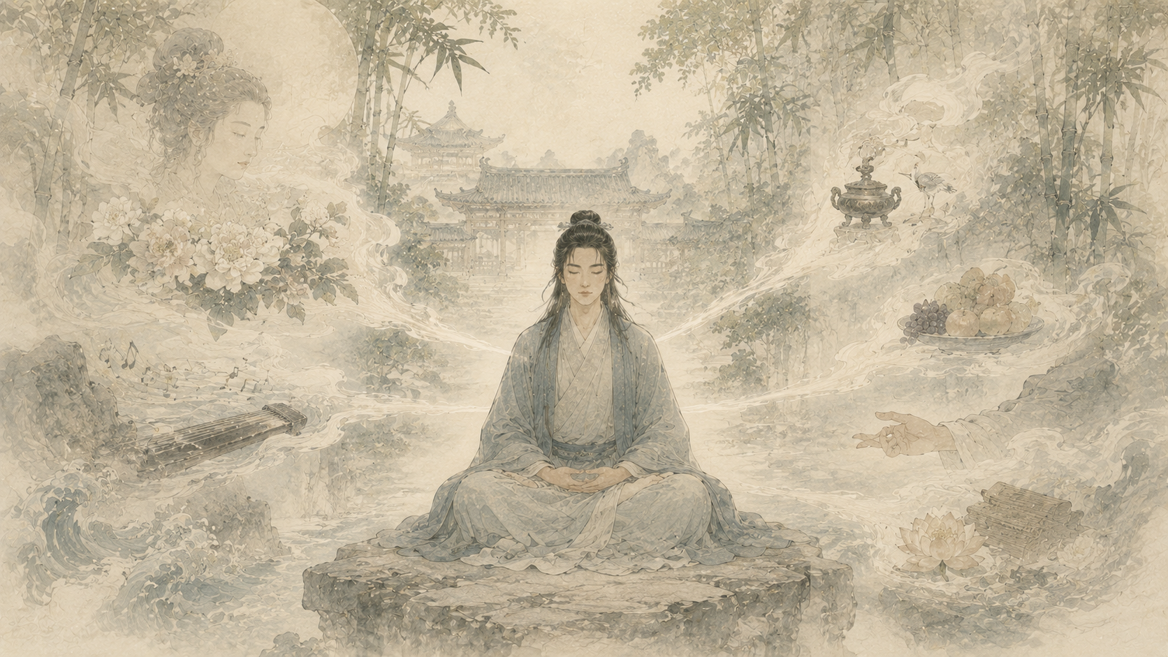 第 9 品第 2 张配图：须陀洹名为入流，而无所入，不入色声香味触法，是名须陀洹。
