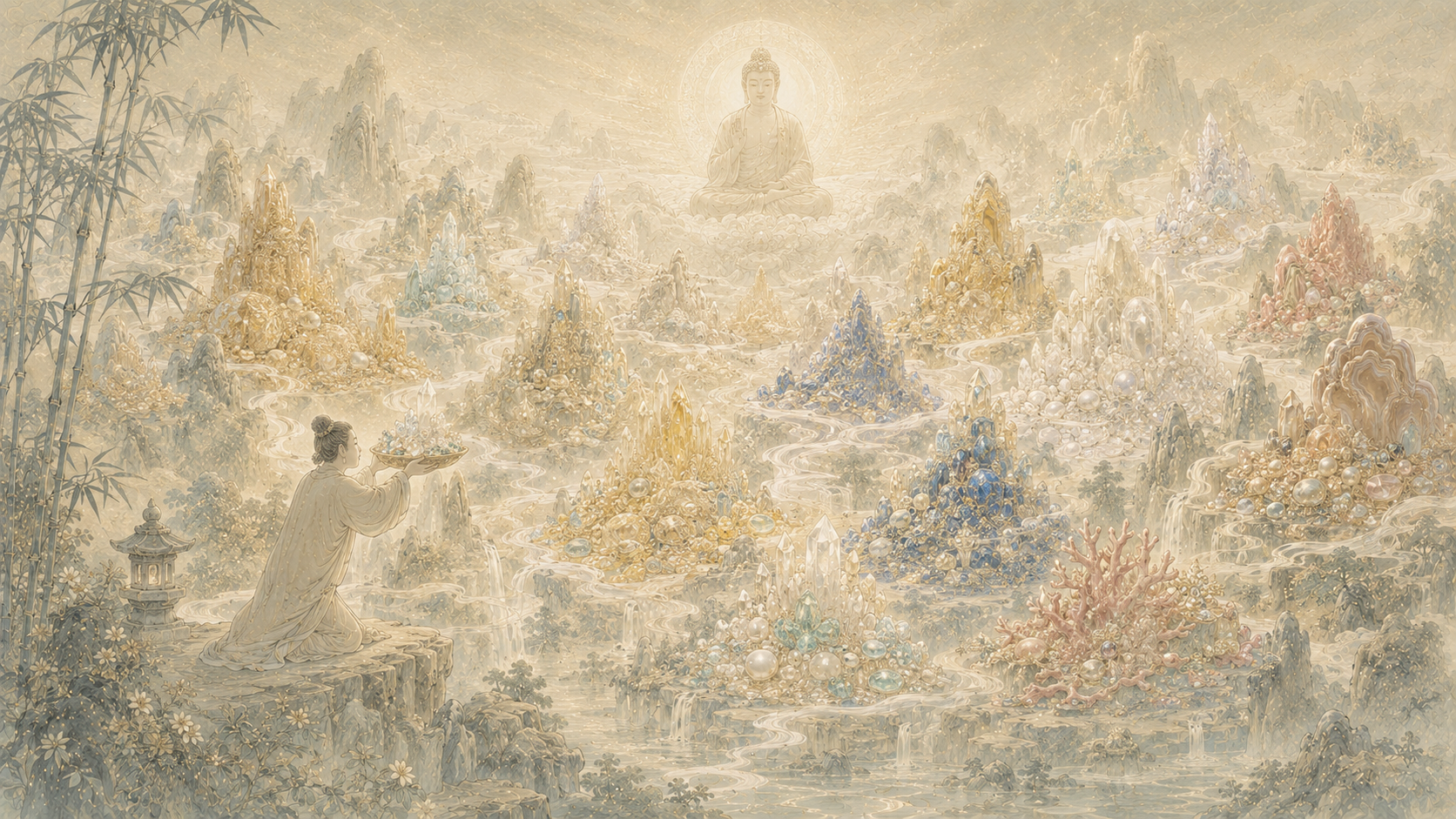 第 24 品第 1 张配图：若三千大千世界中所有诸须弥山王，如是等七宝聚，有人持用布施。