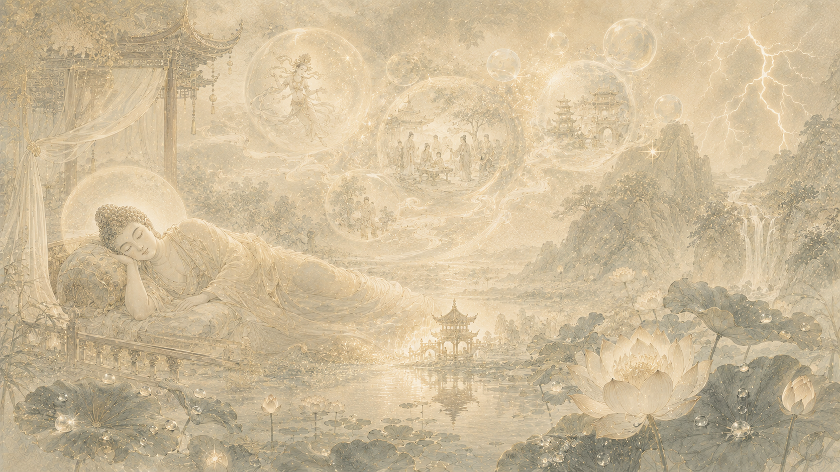 第 32 品第 1 张配图：一切有为法，如梦幻泡影，如露亦如电，应作如是观。